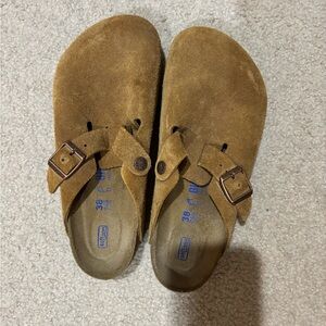 Birkenstock Tan Suede Buckle Slippers